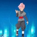 a cartoon character with pink hair and black pants is standing in front of a blue background