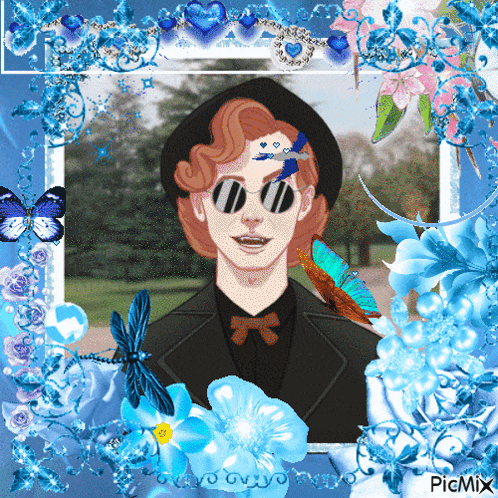 a picture of a man wearing sunglasses is surrounded by blue flowers and butterflies on a picmix page