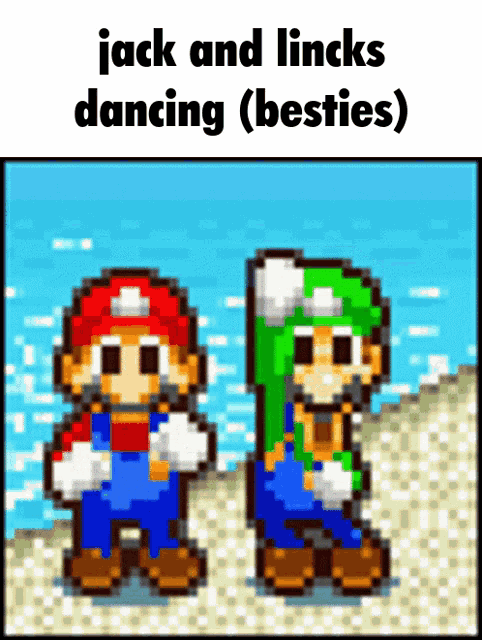 a pixel art of mario and luigi dancing together