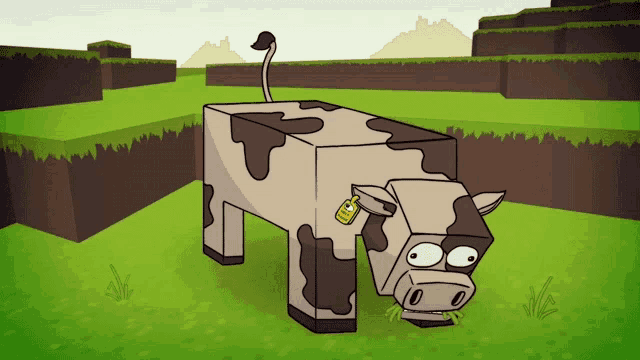 a cartoon cow with a tag on its neck