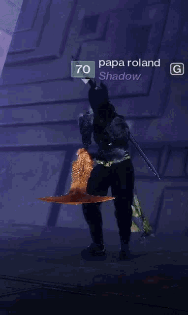 a video game character named papa roland shadow is holding a large sword