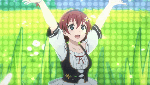 a girl with red hair and a flower on her head is dancing with her arms outstretched