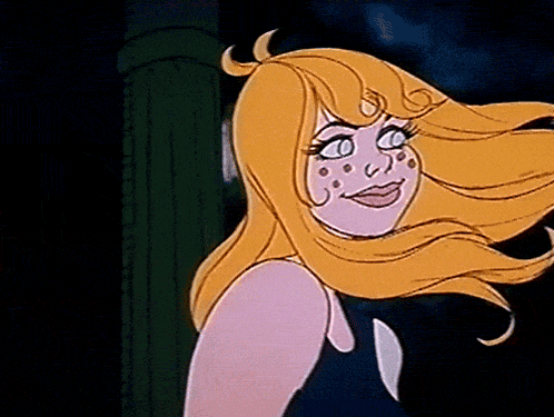a cartoon drawing of a woman with blonde hair and blue eyes