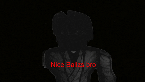 a silhouette of a person with the words nice ballzs bro written in red