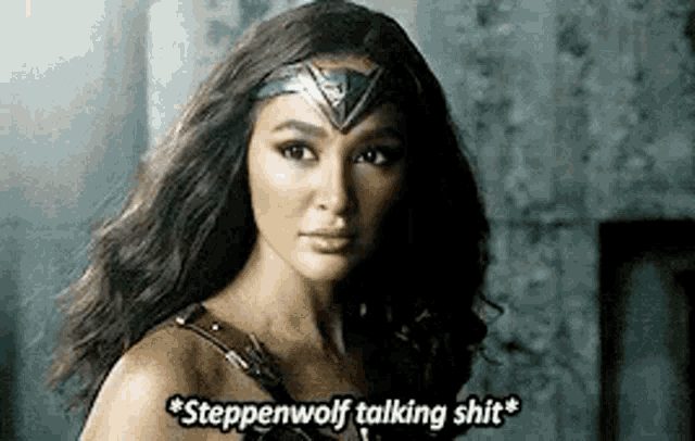 a woman in a wonder woman costume is talking to a wolf .