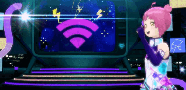 a girl with pink hair stands in front of a screen with a wifi symbol