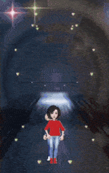 a girl in a red shirt is standing next to a man in jeans