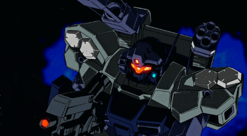 a drawing of a robot with red eyes and a gun