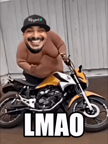 a man riding a motorcycle with the word lmao on the bottom