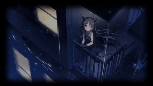 a girl with cat ears is sitting on a balcony