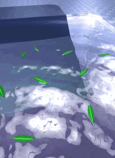 green leaves are falling into a purple pool of water