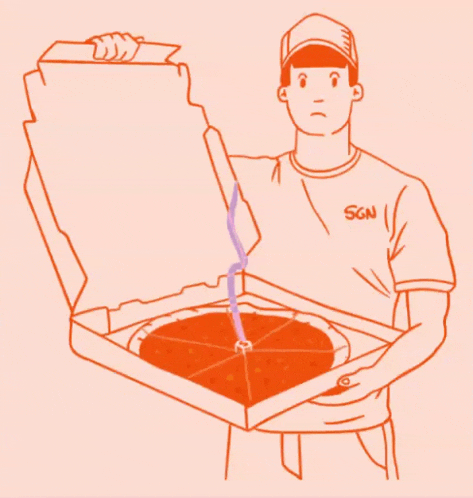 a man in a sgn shirt is holding a pizza box