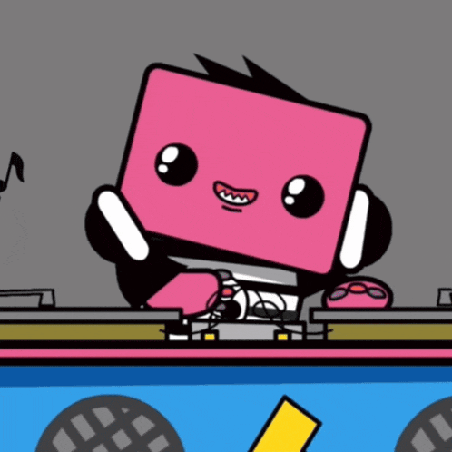 a cartoon drawing of a pink box with headphones on