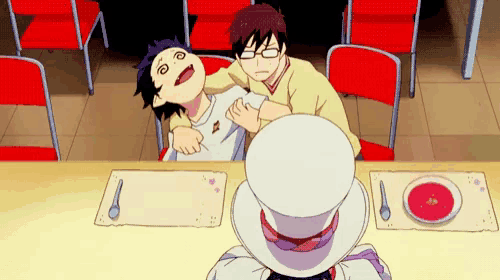 two anime characters sitting at a table with a top hat