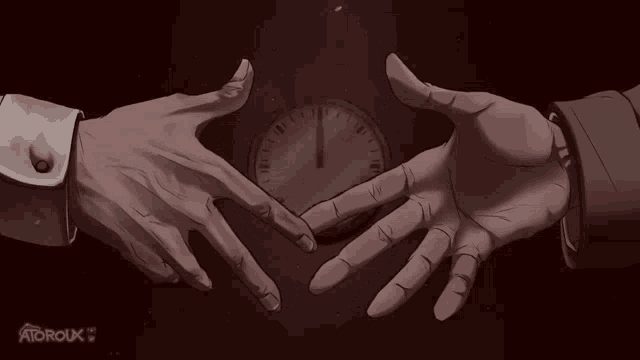a drawing of two hands reaching for a clock with the word adrouk on the bottom right
