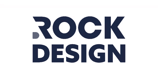 a logo for rock design is shown on a dark blue background