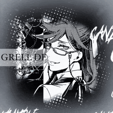 a black and white drawing of a man with the name grell de on the bottom