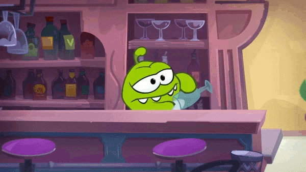 a cartoon character sitting at a bar with a bottle of vodka in the background