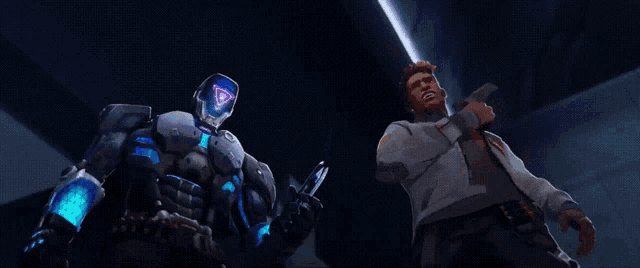 a man holding a gun next to a robot