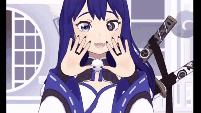 a girl with purple hair is holding a white object in her hands