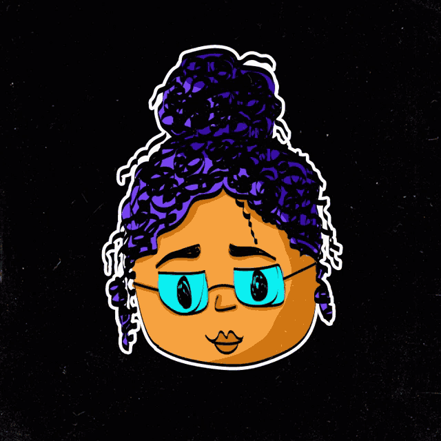 a cartoon drawing of a person with purple hair and glasses