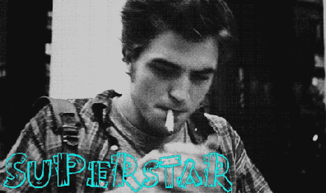 a black and white photo of a man smoking a cigarette with the word superstar in blue letters