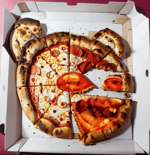 a pizza in a box that has a slice taken out of it