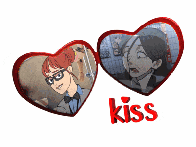 a couple of hearts with the word kiss in red