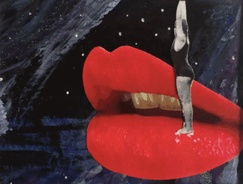 a painting of a woman 's mouth with a red lip and gold teeth