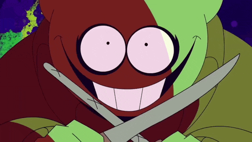 a cartoon character is holding a knife and smiling