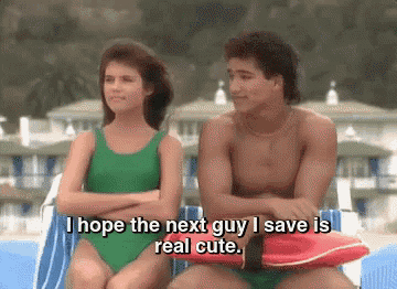 a man and a woman are sitting next to each other and the woman is saying " i hope the next guy i save is real cute