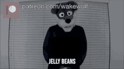 a person in a wolf costume says jelly beans in a video