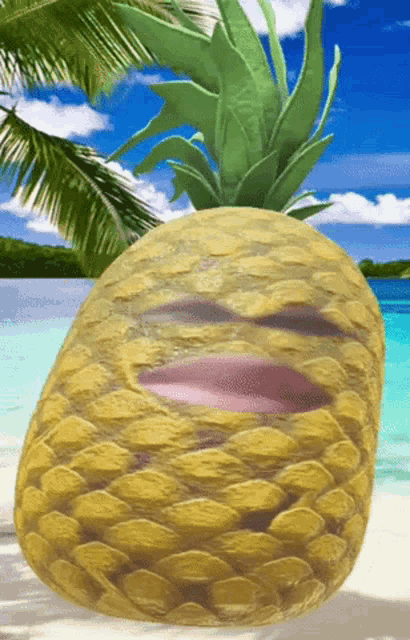 a pineapple with a face on it is sitting on a beach