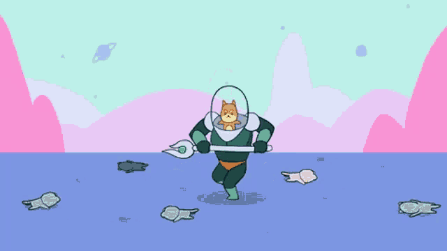 a cartoon drawing of a dog in a space suit