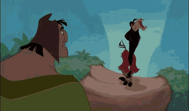 a cartoon llama is standing on a rock with a man standing behind it