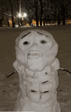a snowman with a sad look on its face