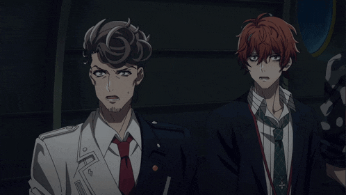 two anime characters are standing next to each other and one of them has a cross on his neck