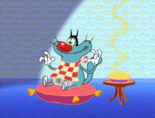 a cartoon cat is sitting on a pillow in front of a small table
