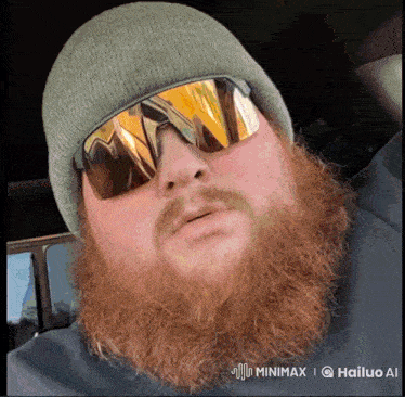 a man with a beard wearing sunglasses and a beanie is taken by hailuo ai