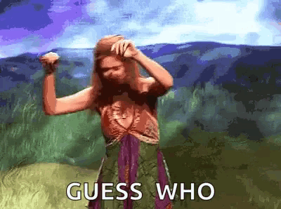 a woman is dancing in a field with the words guess who written below her .