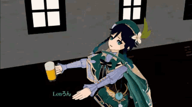 a 3d anime character is holding a glass of beer in front of a window .