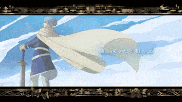 a man with a white cape holding a sword in front of a cloudy sky