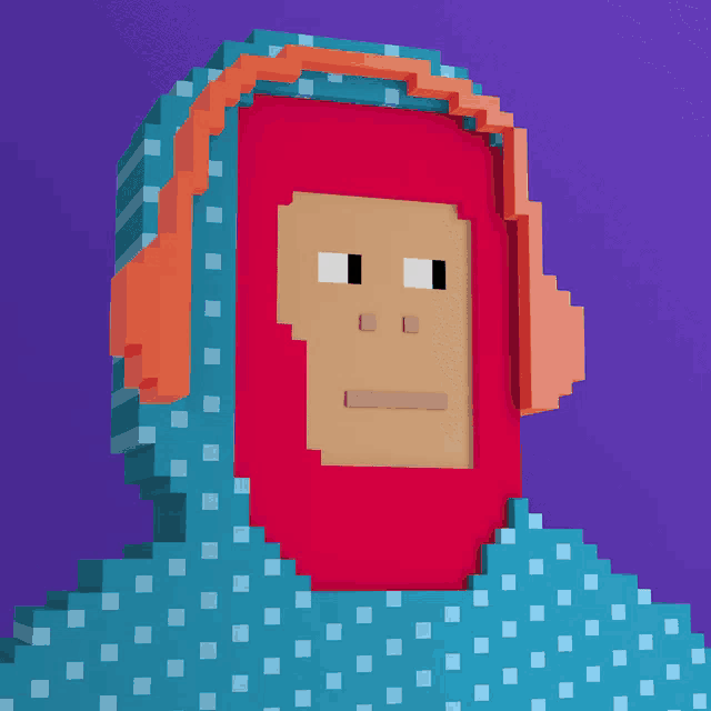 a pixel art of a monkey with headphones on a purple background