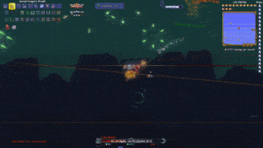 a screenshot of a video game called terraria shows a dragon 's breath in the background