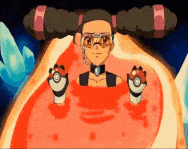 a cartoon of a girl holding a pokemon ball in her hands