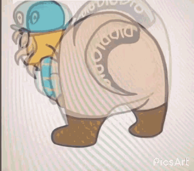 a cartoon of a person standing next to a large animal with a long tail .