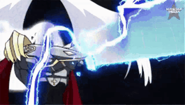 a cartoon character is holding a sword with a lightning bolt behind him
