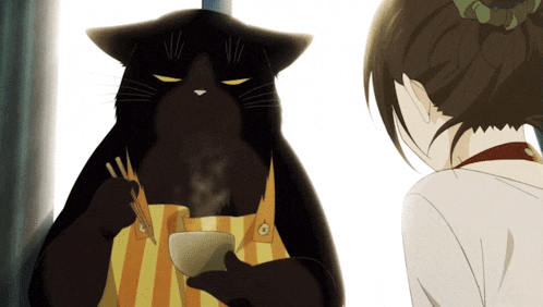 a black cat in an apron is holding a bowl of food and chopsticks