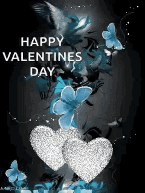 a happy valentine 's day greeting card with two hearts , butterflies and flowers .