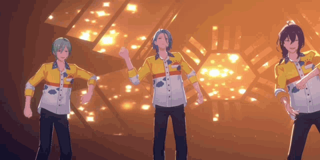 a group of anime characters are dancing in front of a stage .